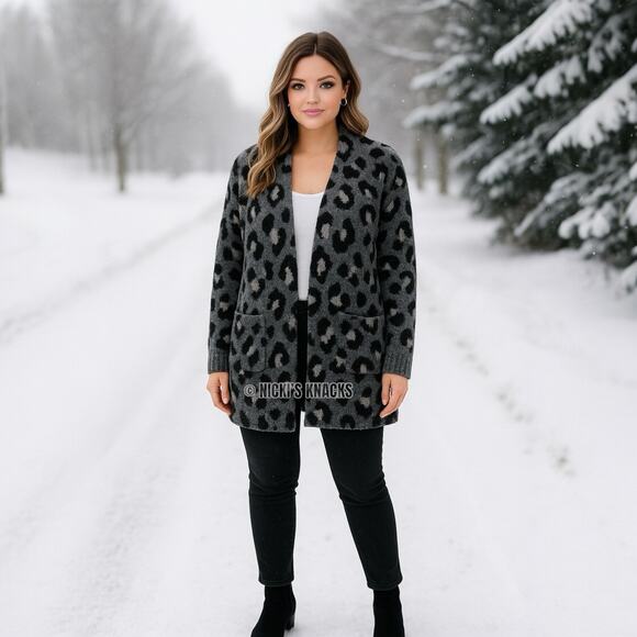 Fuzzy Leopard Print Cardigan Gray Black Open Front Cozy Knit Sweater Soft Size S - Picture 1 of 10